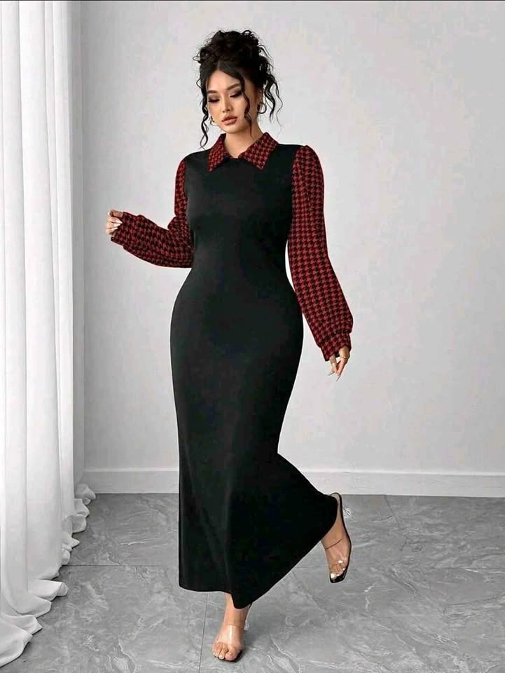 Elenzga Plus Size Women Houndstooth Patchwork Design Dress