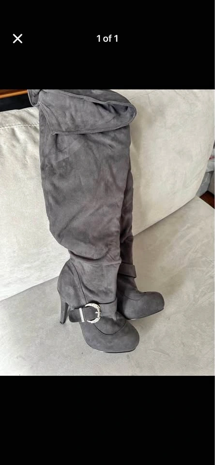 Gray Over-the-Knee High Heel Boots with Buckle