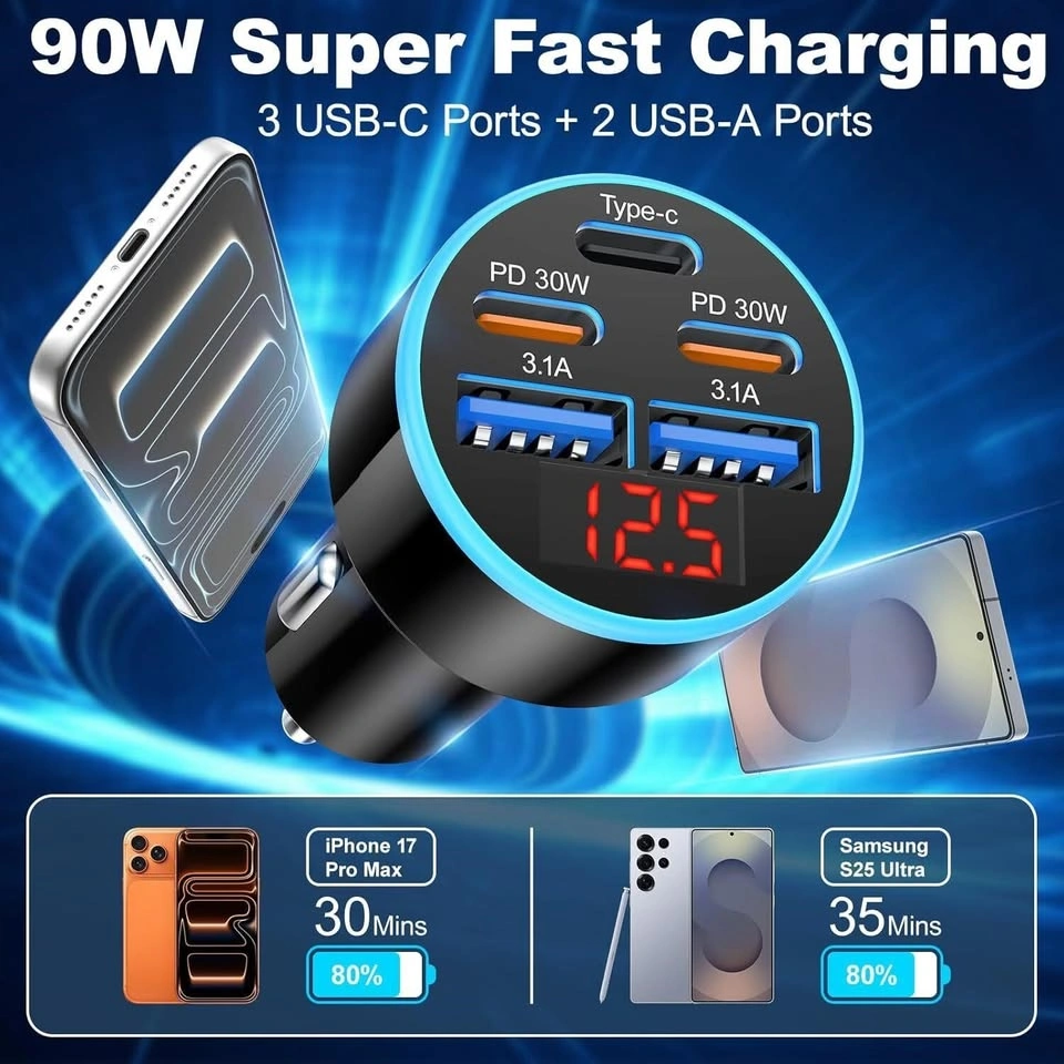 (5 in 1) USB C Car Charger, 5-Port 90W Fast Charging - photo 2