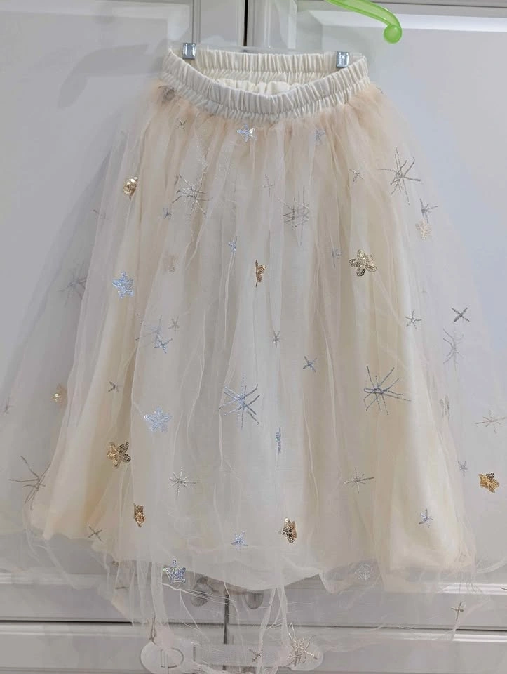 Girls Tulle Skirt 6-9 Cream Star Snowflake Glitter Elastic Waist