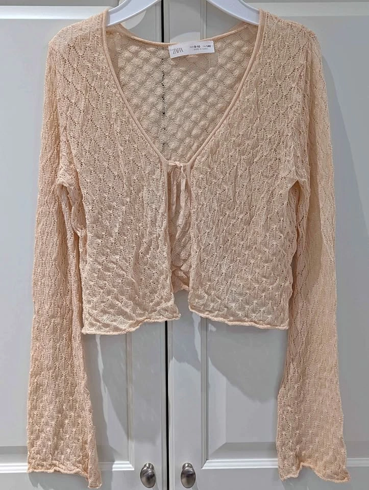 Zara Girls Knit Cardigan 9-10 Tie Front V Neck Lightweight Sweat