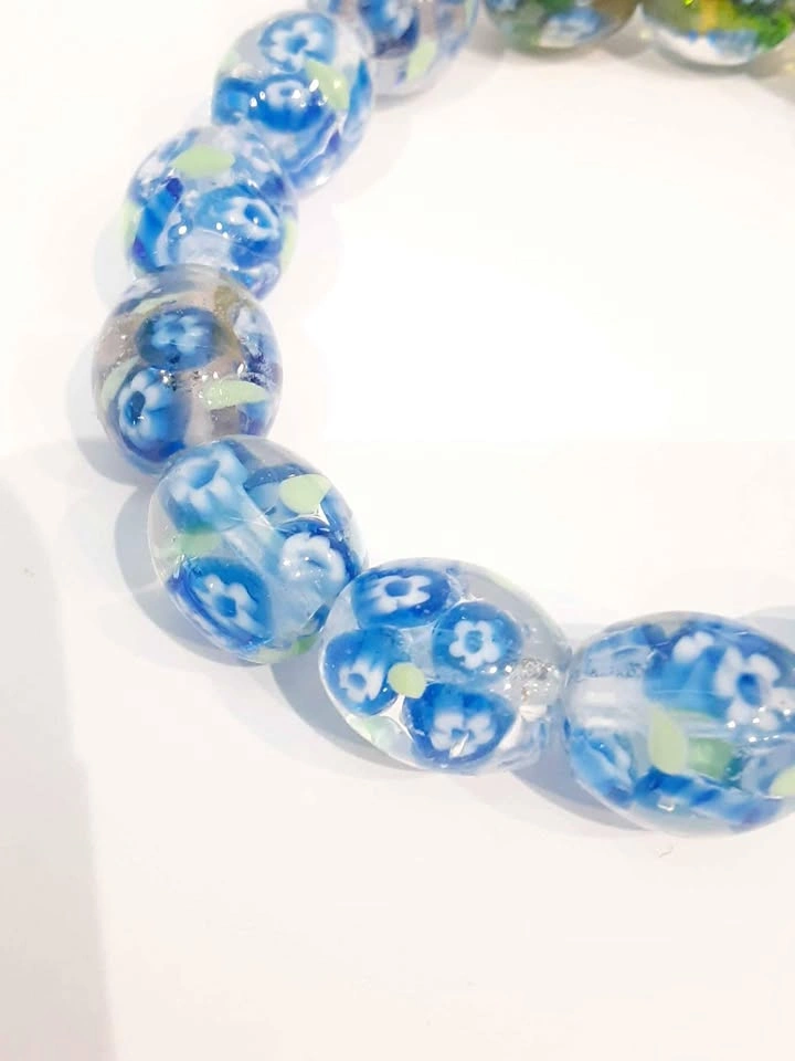 Handmade Glass Bead Bracelet - Blue Floral