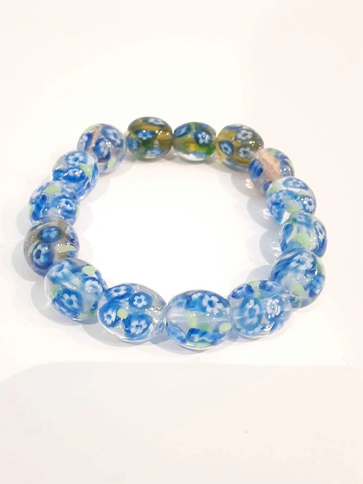Handmade Glass Bead Bracelet - Blue Floral - photo 2