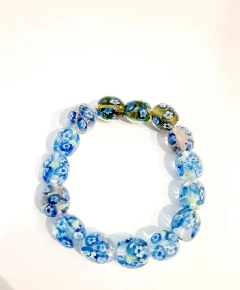 Handmade Glass Bead Bracelet - Blue Floral - photo 3