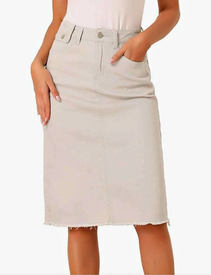 Stylish Midi Denim Skirt with Raw Hem - Size L-XL