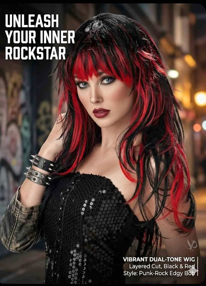 Red & Black Shaggy Punk-Rock Wig