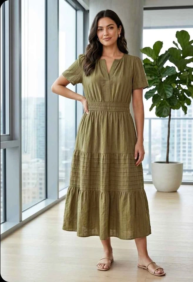 New Tiered Midi Dress - Olive Green (100% Cotton), L-XL