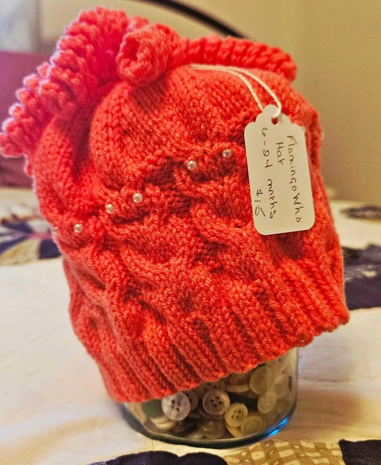 Knit Hat with Wringlets & Beads - Flamingo Color