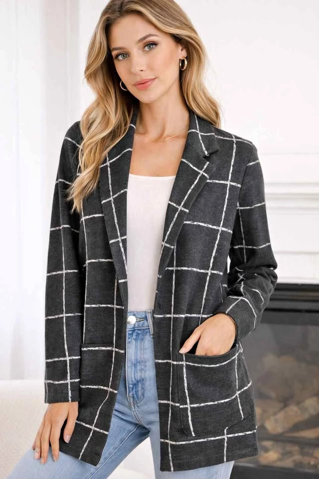 Love & Liberty Grid Coat – Size Small – Black Long Blazer Jacket