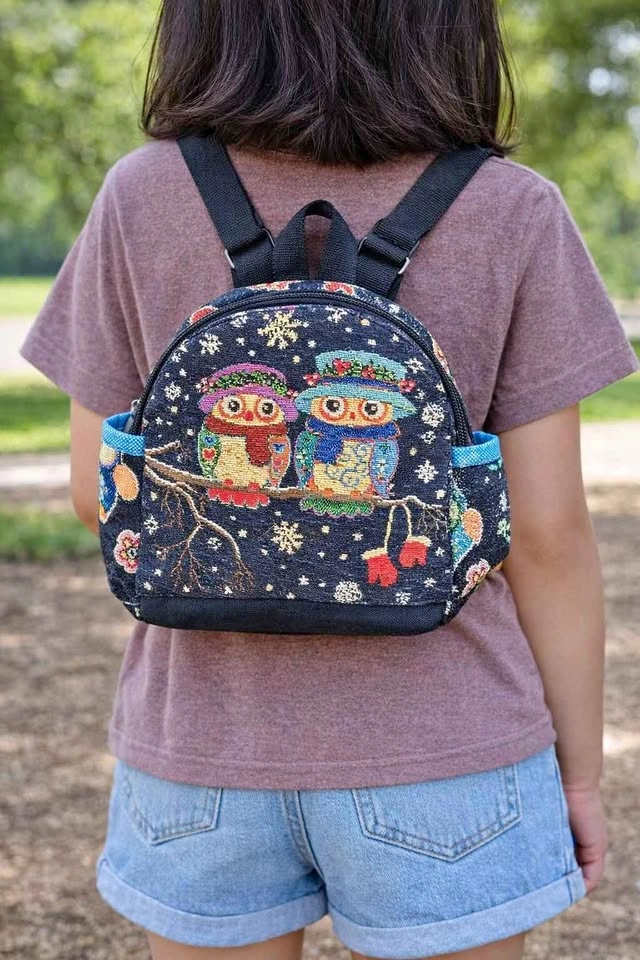 Cute Owl Tapestry Mini Backpack – 9” Boho Winter Bag