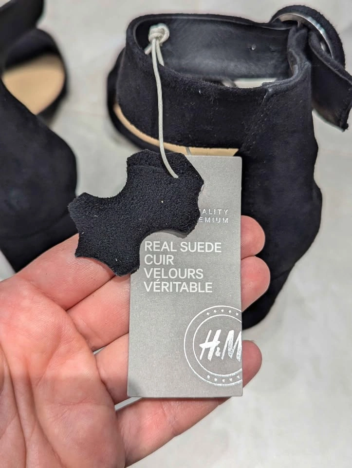 New H&M Black Suede Sandals EU 38 Block Heel Ankle Strap Buckle - photo 5