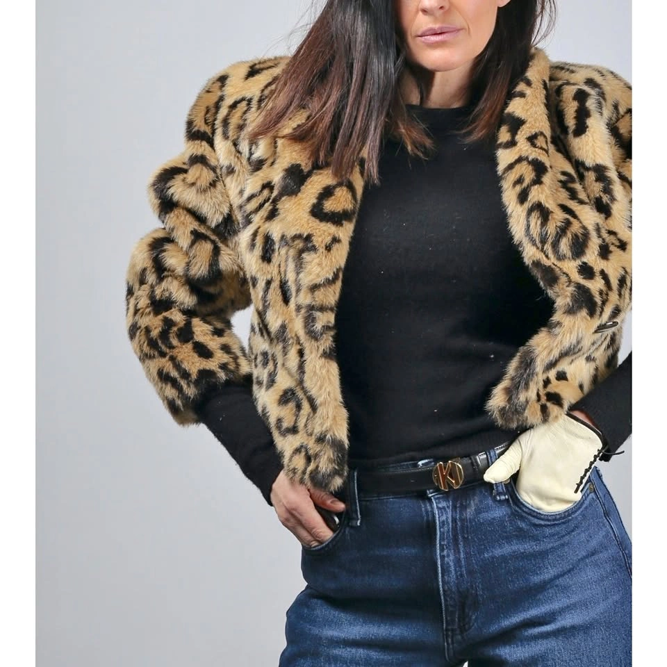 Leopard Print Faux Fur Short Jacket - Women's S