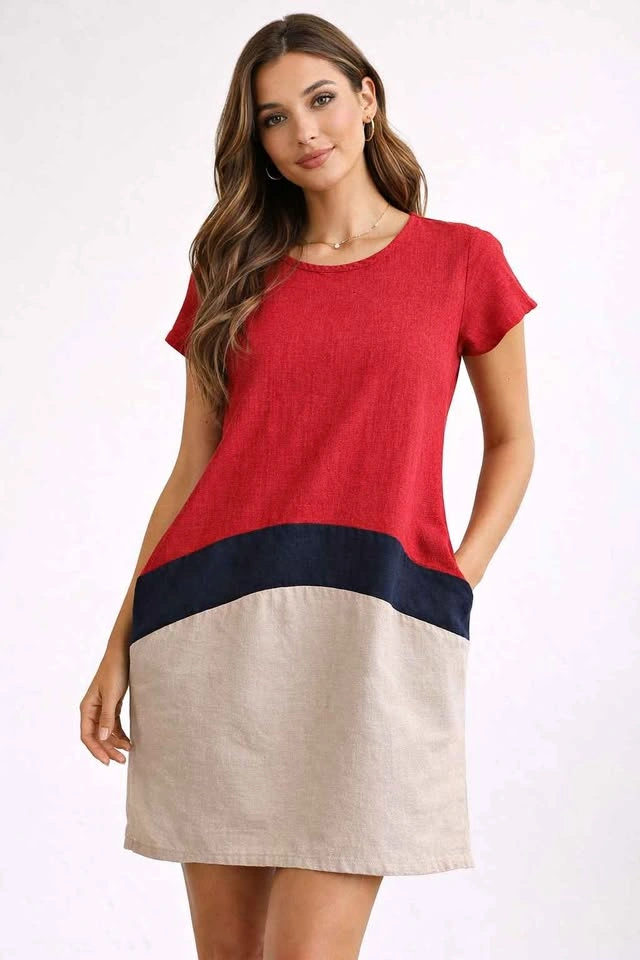 Spring Office/Work Dress - Linen - Color Block M