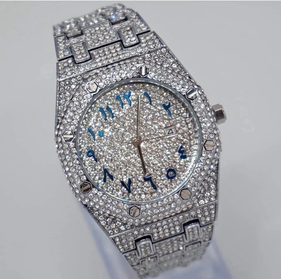 Iced Out Silver Tone Watch with Blue Arabic Numerals