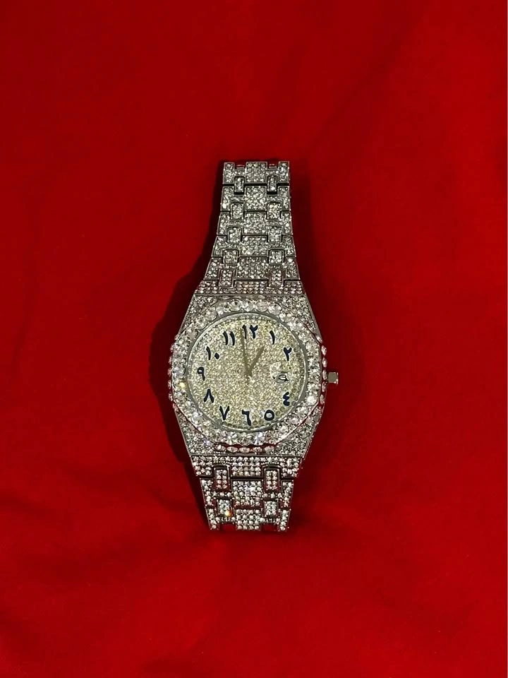 Iced Out Silver Tone Watch with Blue Arabic Numerals - photo 2