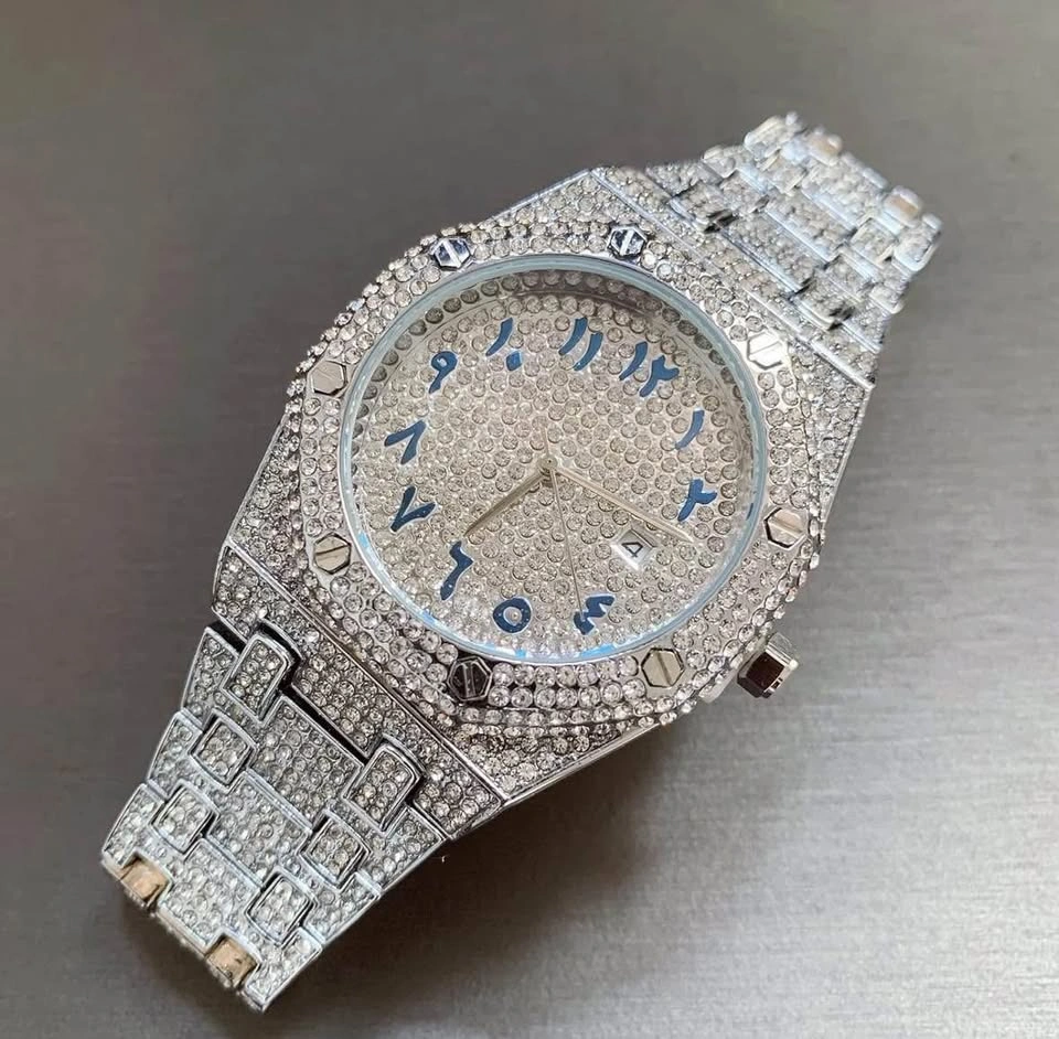 Iced Out Silver Tone Watch with Blue Arabic Numerals - photo 3