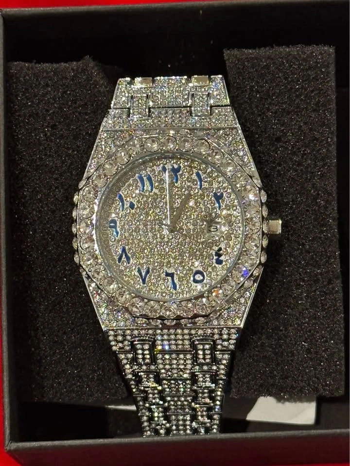 Iced Out Silver Tone Watch with Blue Arabic Numerals - photo 5