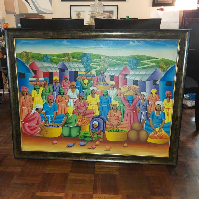 Large Vintage Haitian Painting w/ Signature 41.5" X 30" thumbnail
