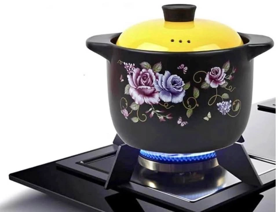 Black Ceramic Casserole Pot w Yellow Lid Floral Design