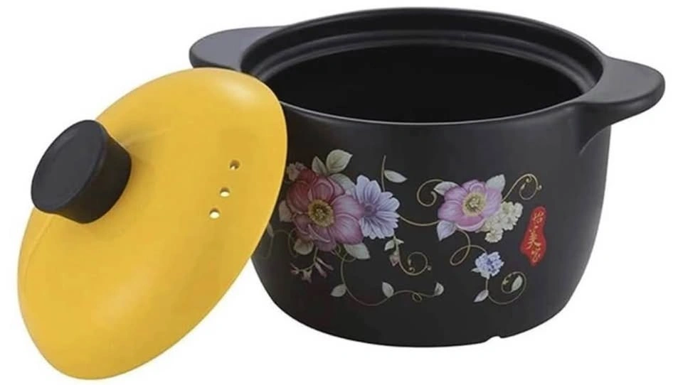 Black Ceramic Casserole Pot w Yellow Lid Floral Design - photo 2