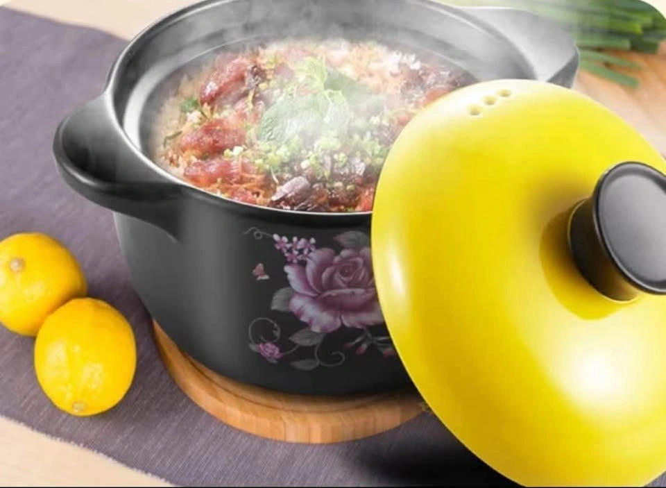 Black Ceramic Casserole Pot w Yellow Lid Floral Design - photo 3