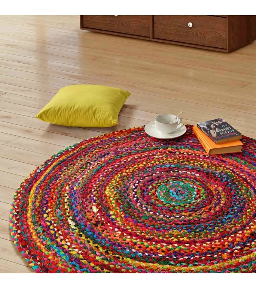 GRUHUM Round Cotton Area Rug 4ft Handwoven Multicolour Farmhouse
