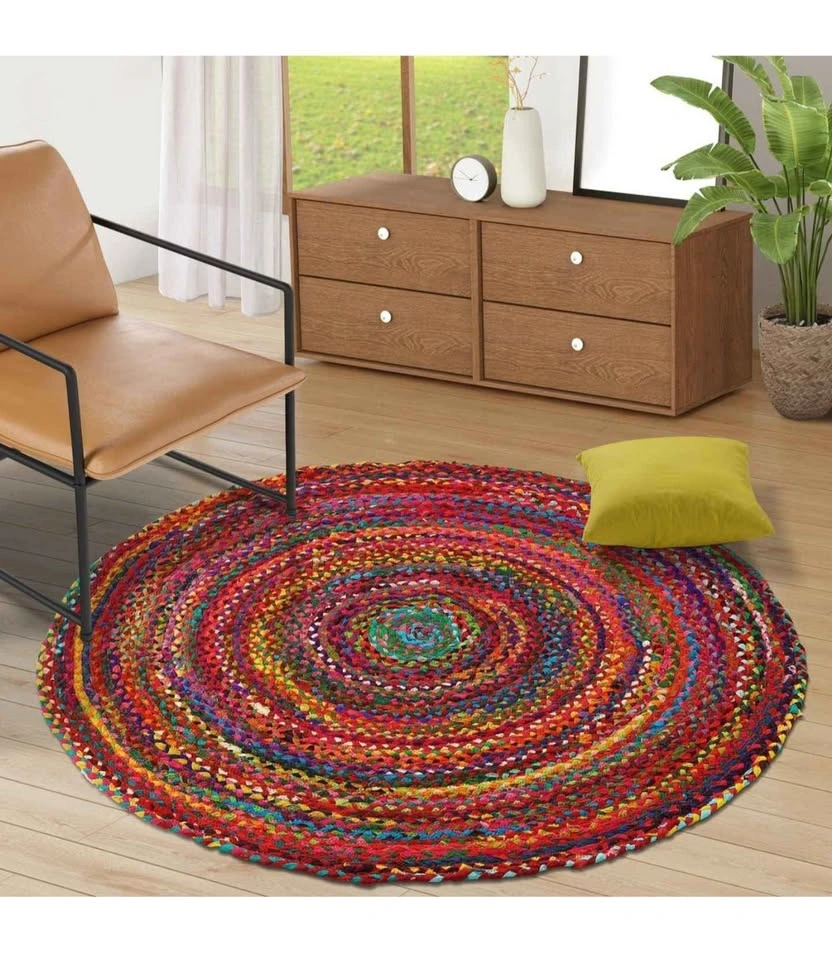 GRUHUM Round Cotton Area Rug 4ft Handwoven Multicolour Farmhouse - photo 2