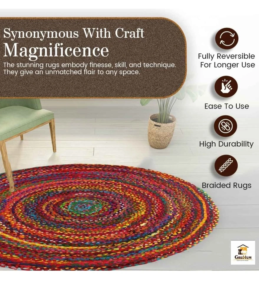 GRUHUM Round Cotton Area Rug 4ft Handwoven Multicolour Farmhouse - photo 5