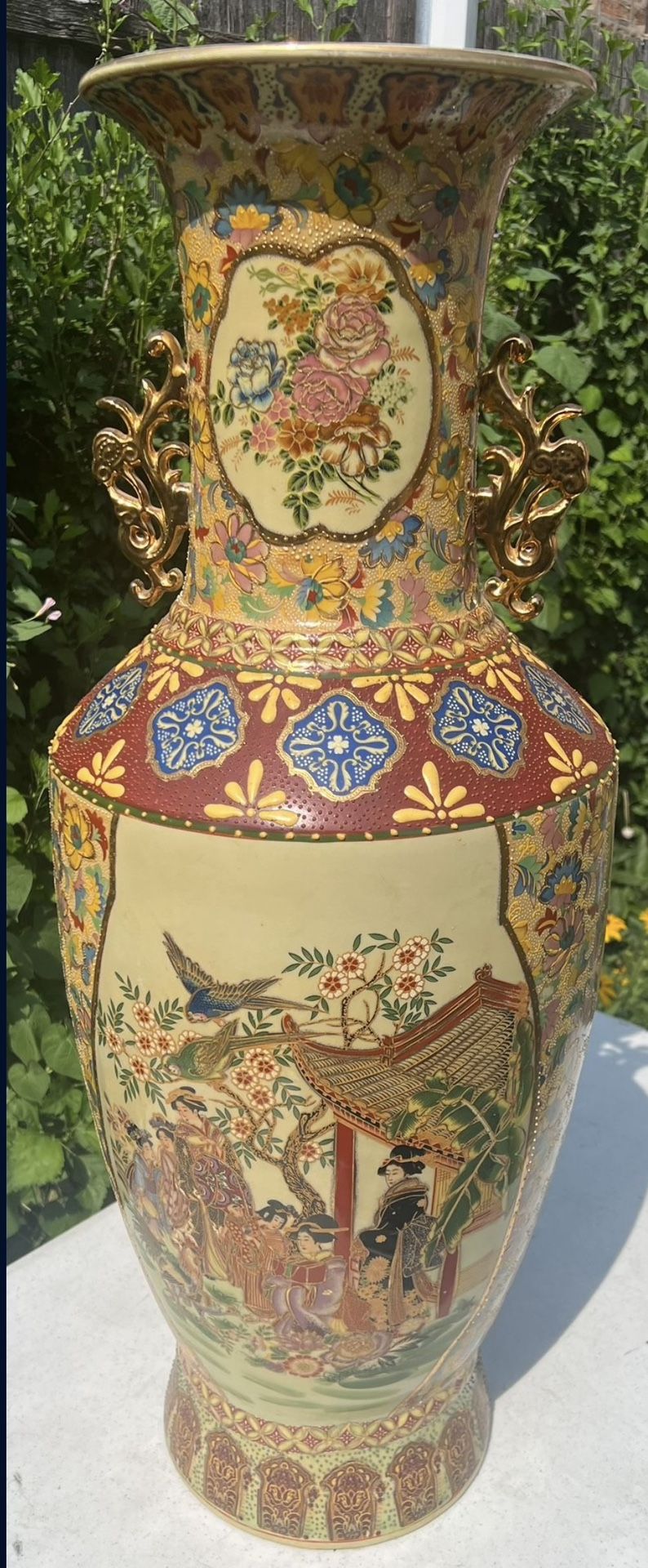 Chinese 32" Asian Floor Vase - Birds, Geishas, Flowers