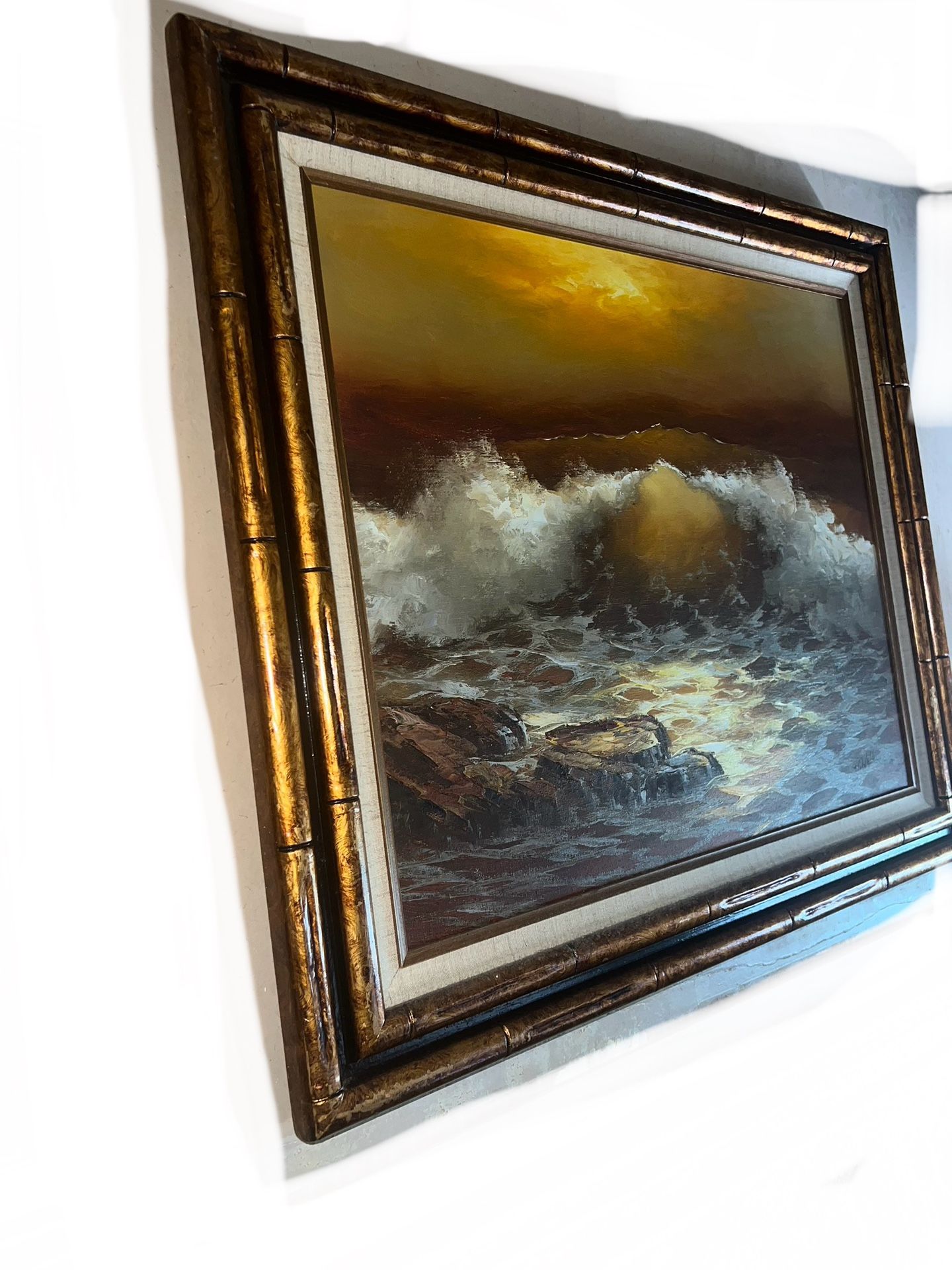 Signed J. Walker Ocean Scene Crashing Waves Under The Moonlight