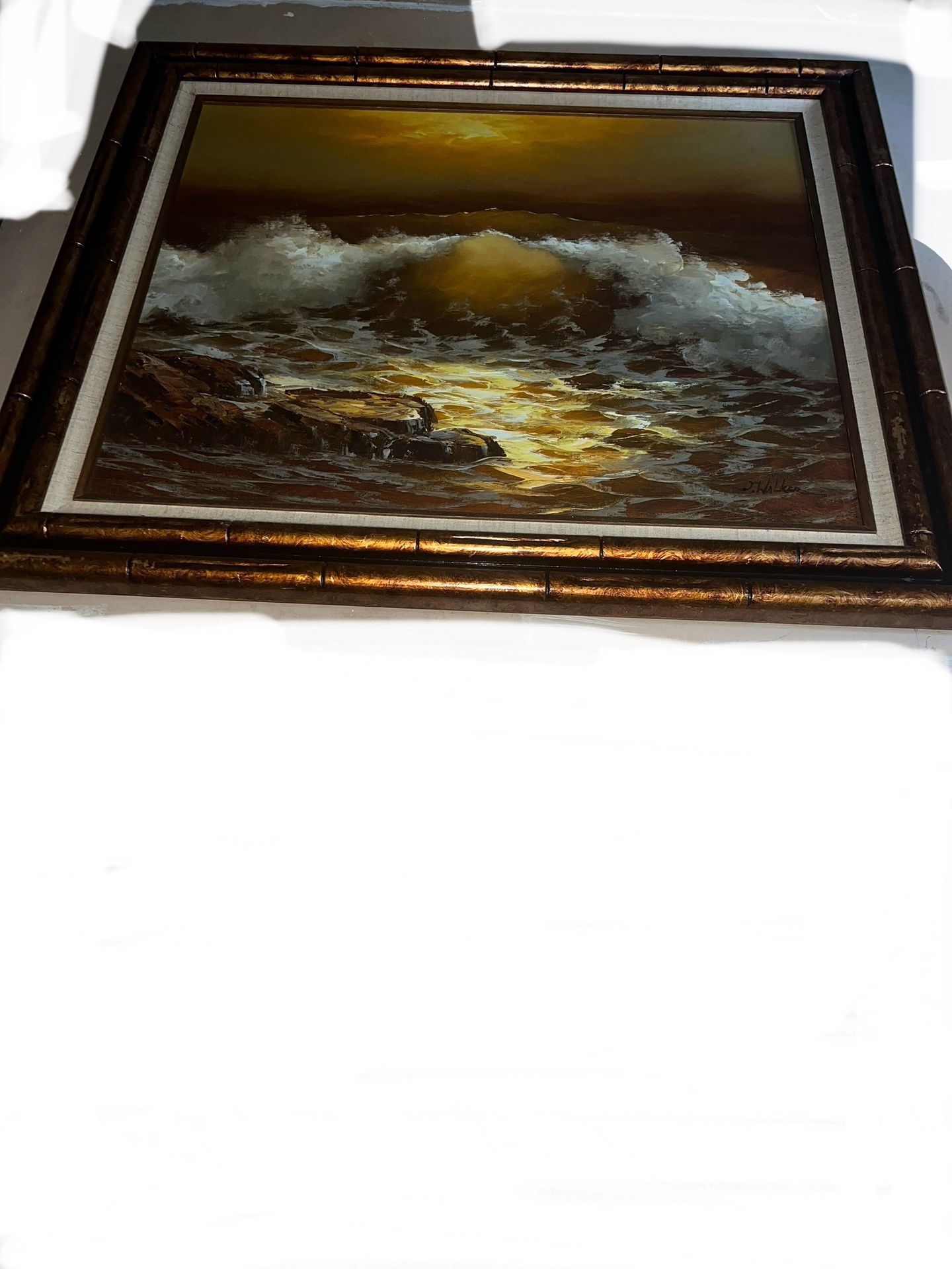 Signed J. Walker Ocean Scene Crashing Waves Under The Moonlight - photo 2