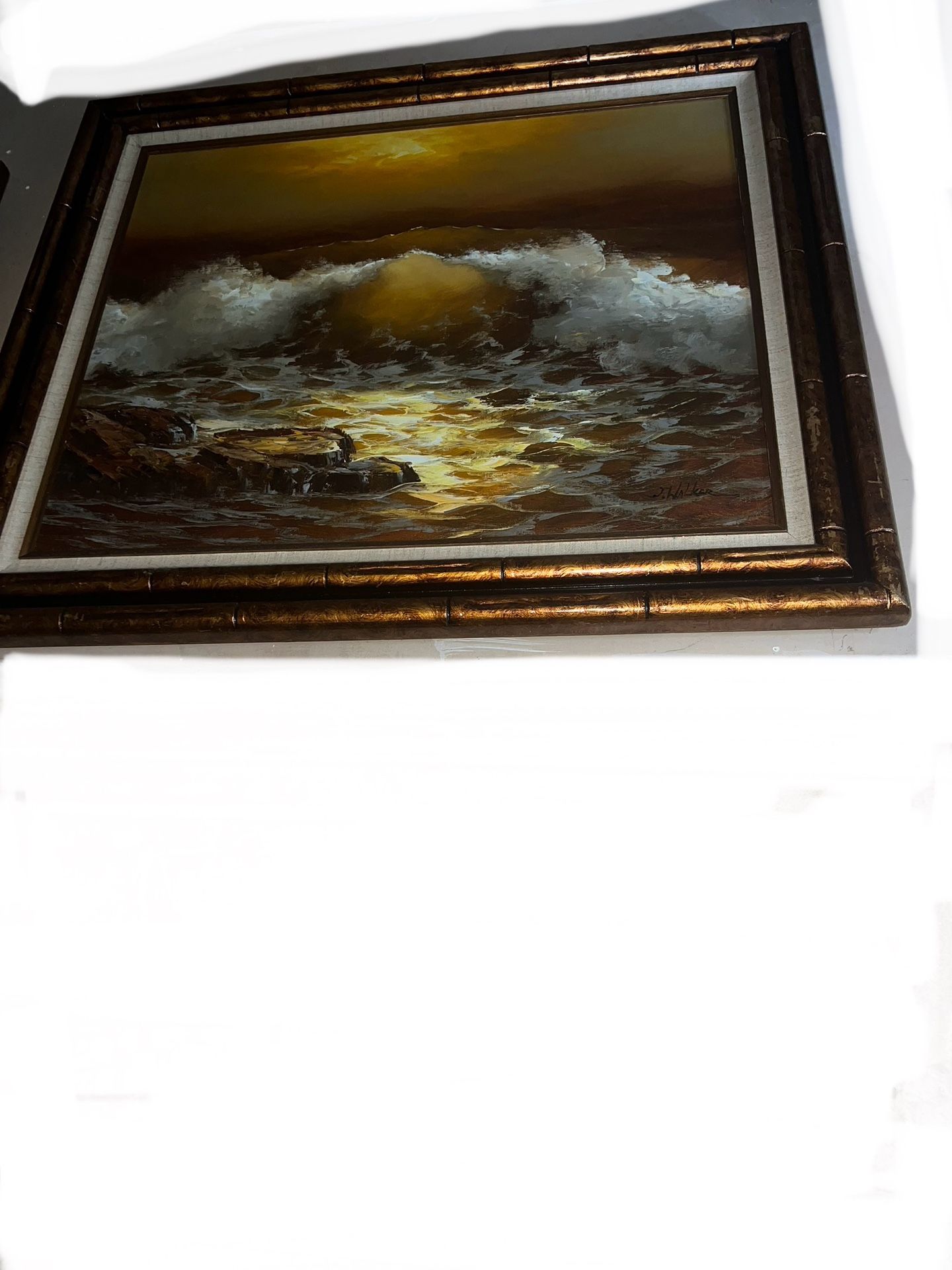 Signed J. Walker Ocean Scene Crashing Waves Under The Moonlight - photo 3