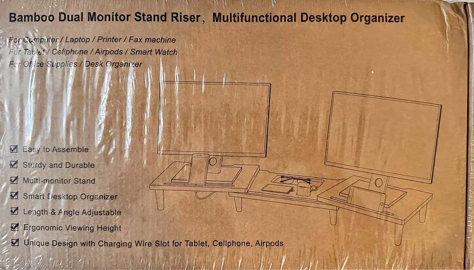 Bamboo Dual Monitor Stand Riser (Brand New)
