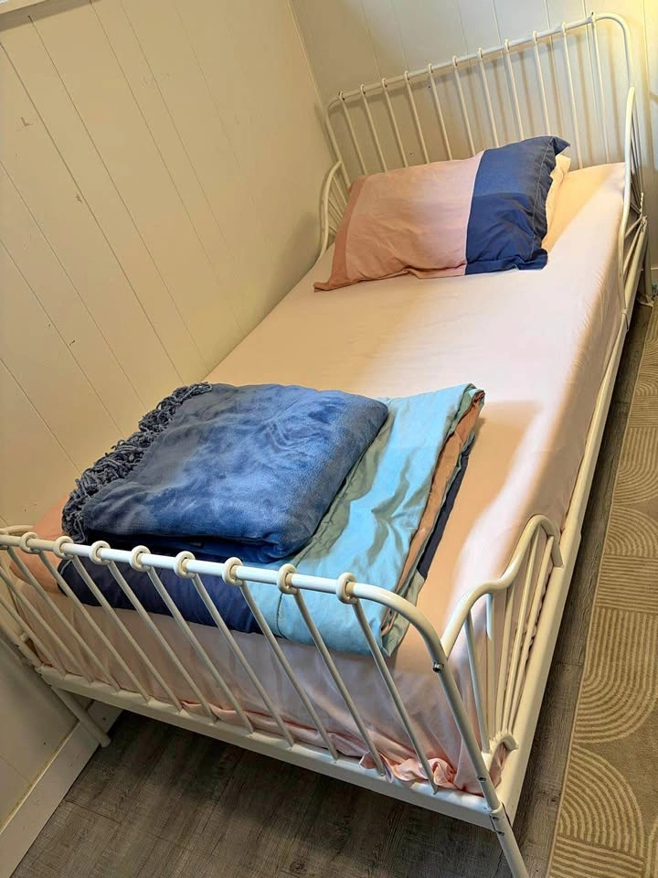 IKEA Luroy White Metal Bed, Canopy & Lamp