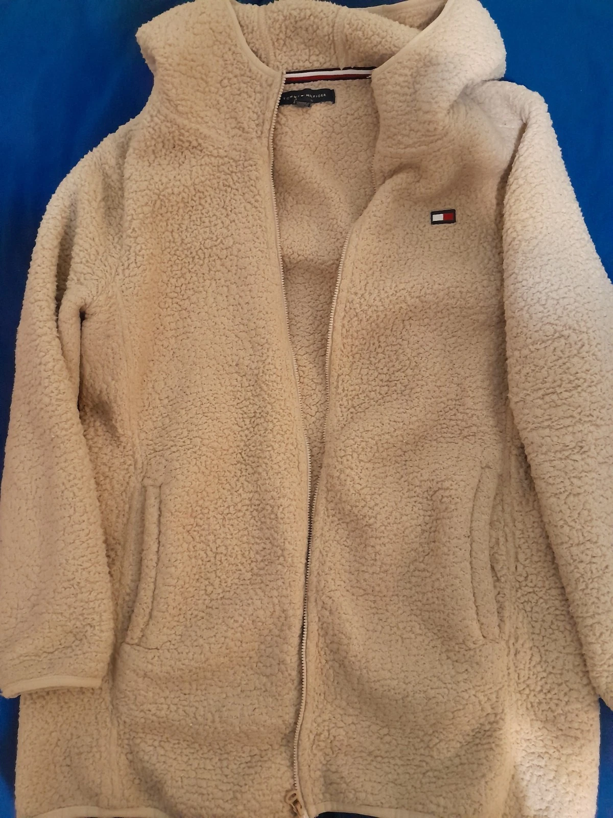 Tommy Hilfiger Women's Large Sherpa Fleece Hoodie Beige Zip Up J