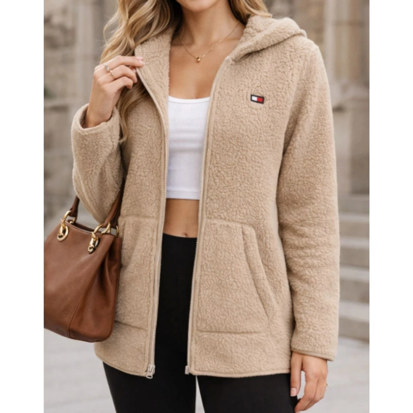 Tommy Hilfiger Women's Large Sherpa Fleece Hoodie Beige Zip Up J - photo 2