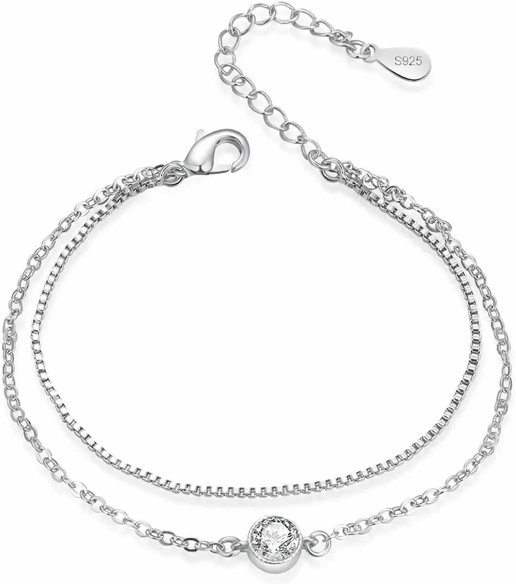 925 Sterling Silver Bracelet - Double Chain, White Gold Plate, C