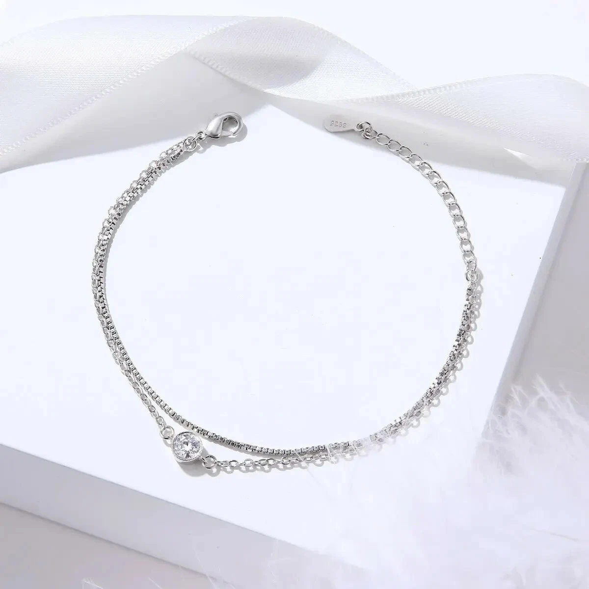 925 Sterling Silver Bracelet - Double Chain, White Gold Plate, C - photo 5