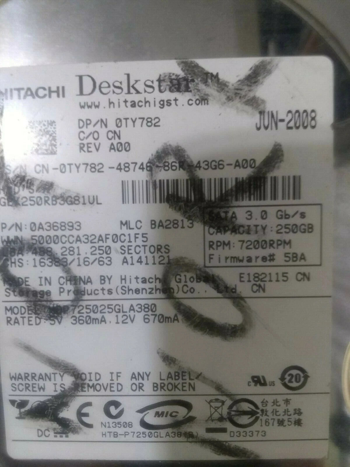 250GB Hitachi 3.5" SATA Desktop Hard Drive