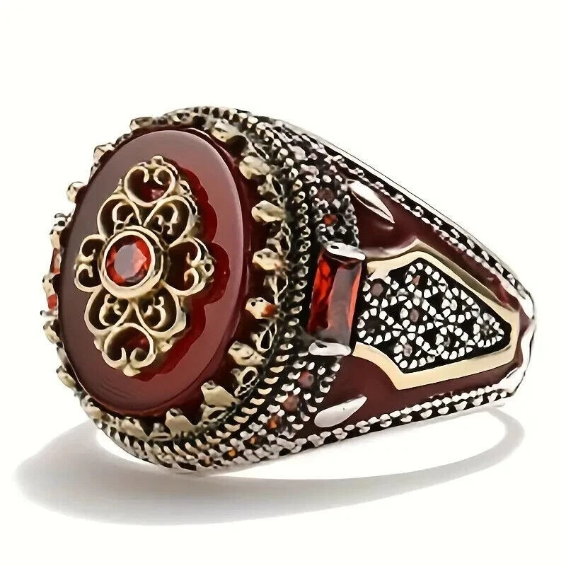 Vintage Silvery Crown Ring w/ Engraved Eagle & Red Gemstones - photo 3