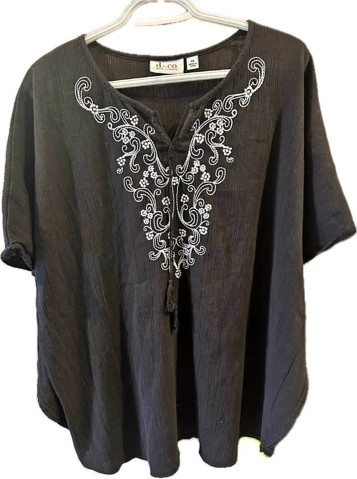 Denim & Co. Black Gauze Embroidered Butterfly Sleeve Top Blouse
