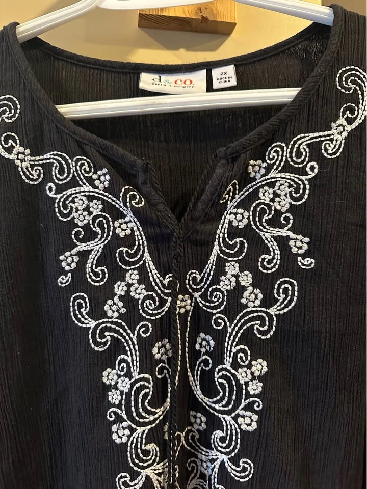 Denim & Co. Black Gauze Embroidered Butterfly Sleeve Top Blouse - photo 2