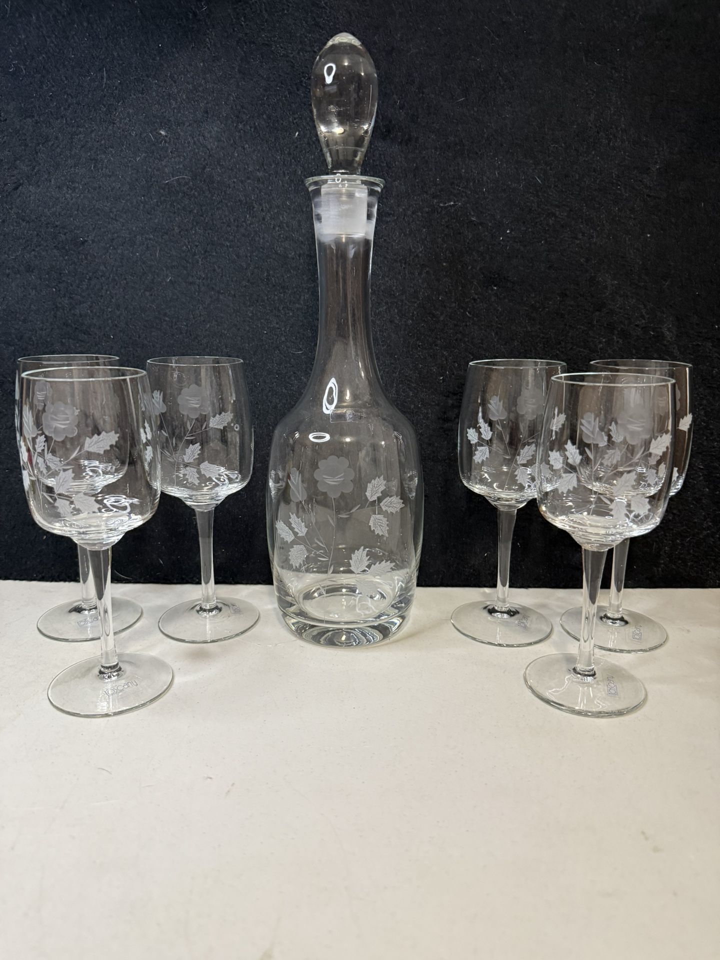 Toscany Crystal Flower Etched Wine Decanter Set
