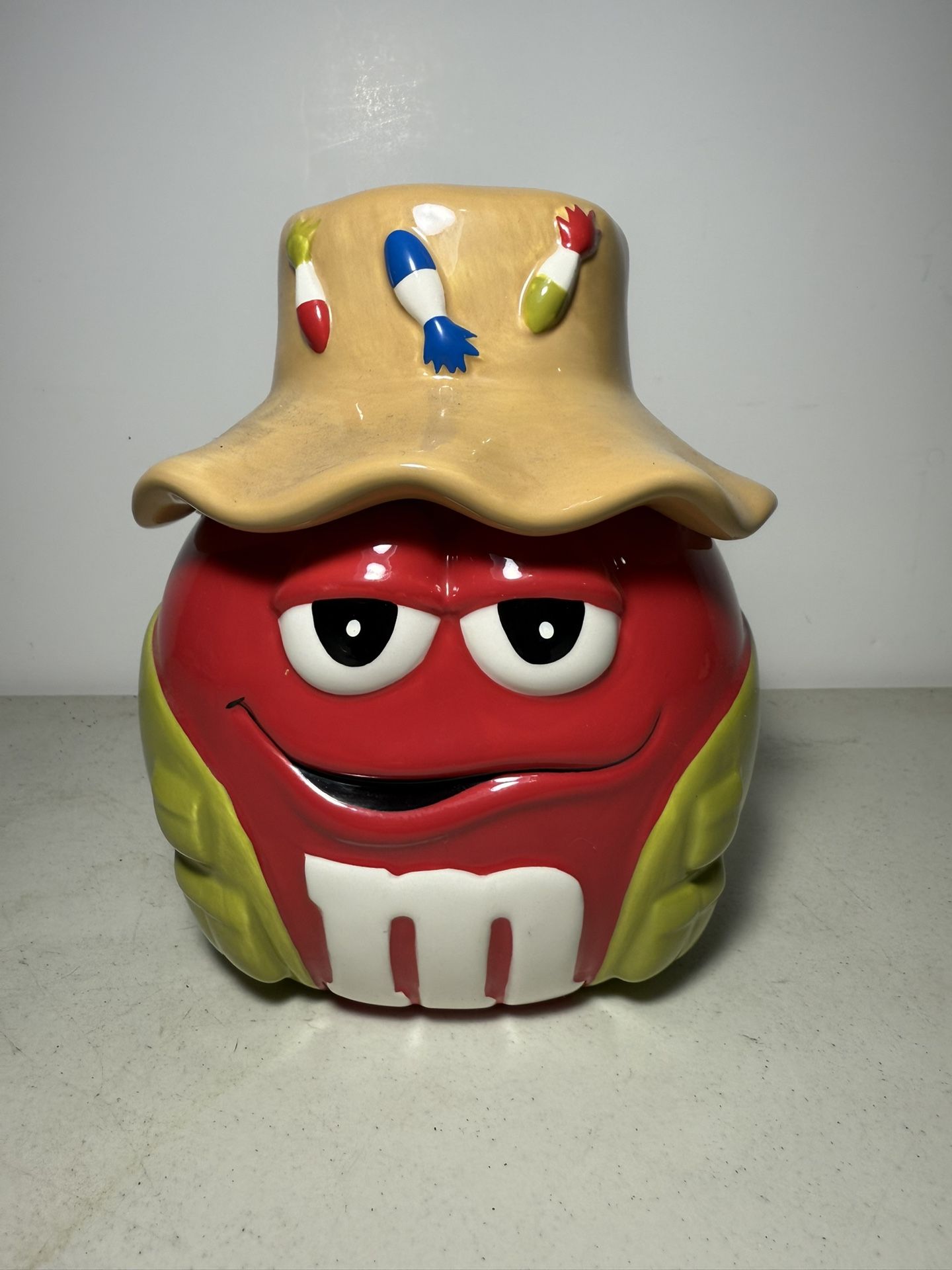 Vintage M&M Red Fly Fisherman w/ Hat Ceramic Candy Jar