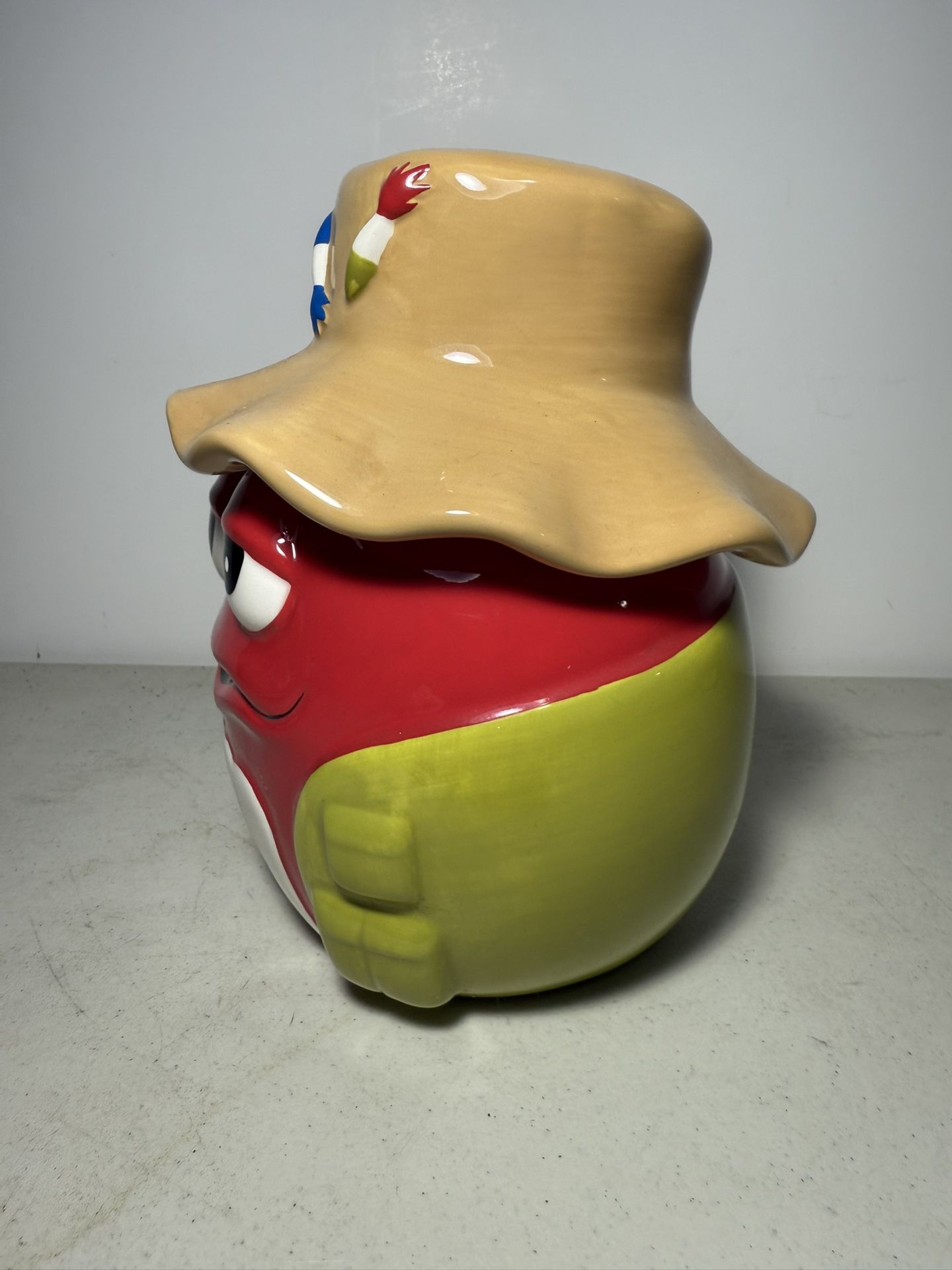 Vintage M&M Red Fly Fisherman w/ Hat Ceramic Candy Jar - photo 2
