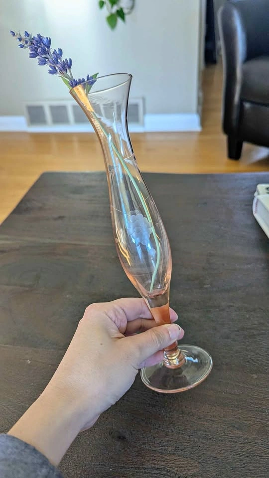 Vintage Pink Glass Bud Vase (Etched Floral Detail)