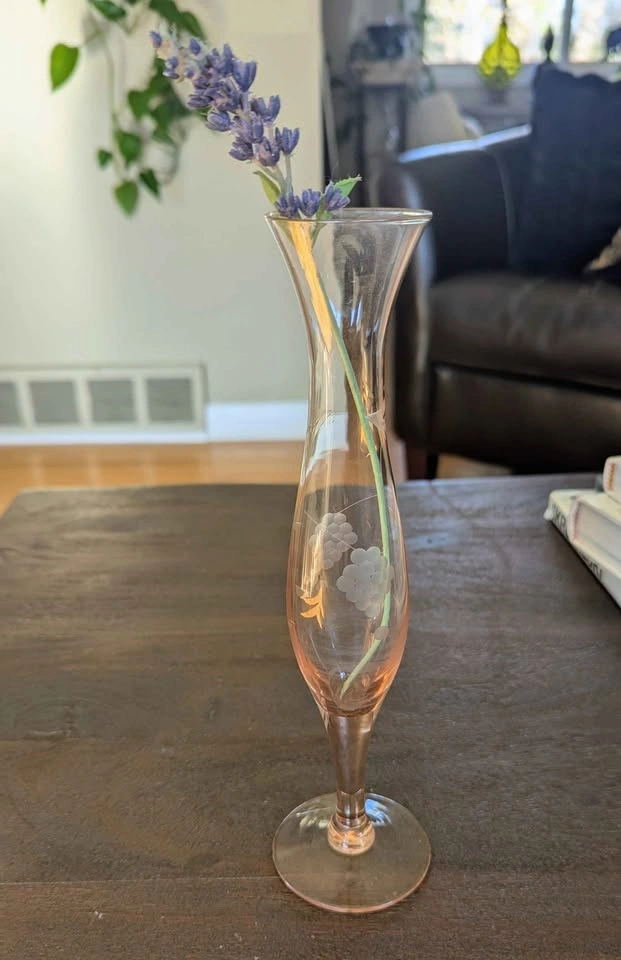 Vintage Pink Glass Bud Vase (Etched Floral Detail) - photo 5
