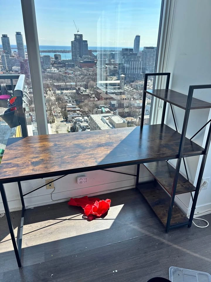 Rustic brown desk table with shelves
