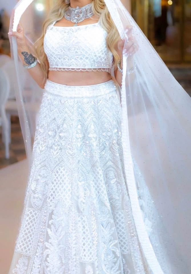 Pure White Hand-Beaded Bridal Lehenga - Indian Wedding Dress