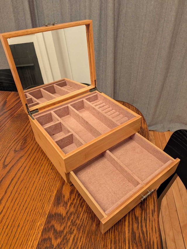 Wooden Jewelry Box with Drawer and Mirror